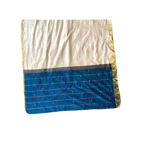 Vintage Gold Blue Silk Saree Textile Fabric Metallic Trim Sari Dupatta Luxury